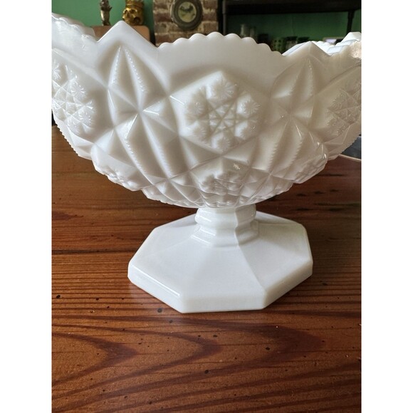 Vintage Kemple Toltec Pattern Milk Glass Oval Pedestal Scalloped Edge Bowl Wowza - Picture 9 of 11